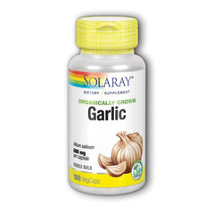 Bottle of Solaray Garlic dietary supplement capsules with product label and dosage information visible