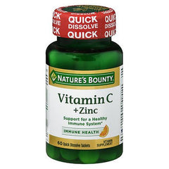 Jar of Nature's Bounty Vitamin C Plus Zinc dietary supplement, showcasing product details and dosage instructions