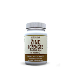 Jar of Zinc Lozenges With Vitamin C dietary supplement by Windmill Health, showcasing the product packaging and label details