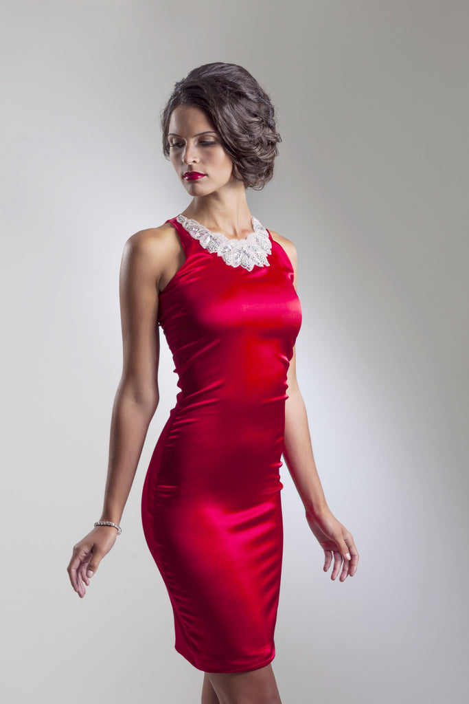 Red Silk Cocktail Dress with Applique 