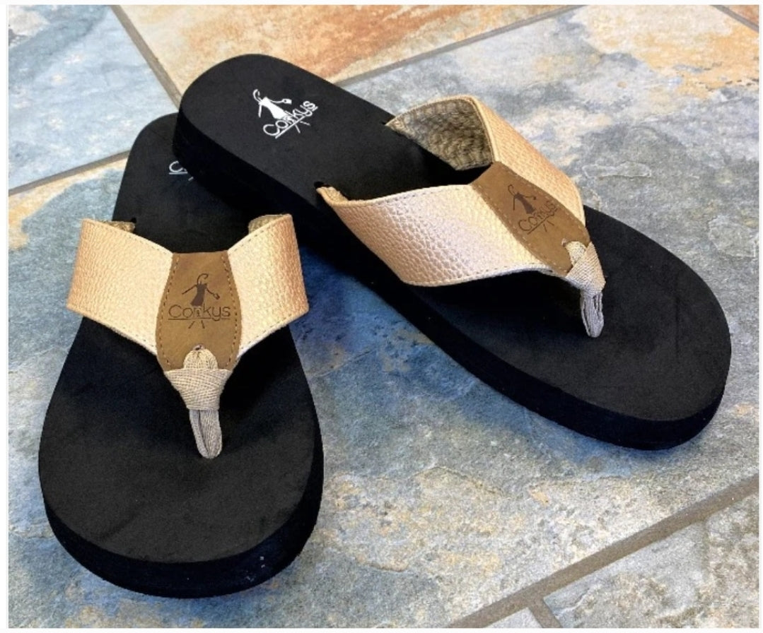 Corkys Ladybug Gold Flip Flops