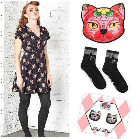 Kitty cat themed outfit featuring Jubly-umph jewellery and Dangerfield cat dress