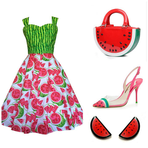 cute watermelon outfit post featuring rockabilly dressmaker Pigtails and Pirates, Quirky Earrings by Jubly-Umph and watermelon shoes and purse