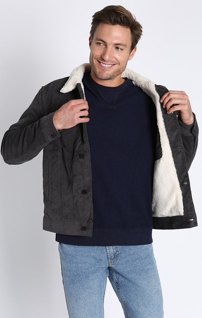Image of Charcoal Stretch Corduroy Sherpa Lined Trucker Jacket