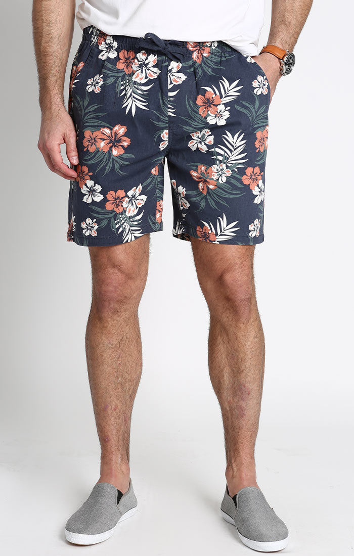 Image of Navy Tropical Print Stretch Twill Pull On Dock Short
