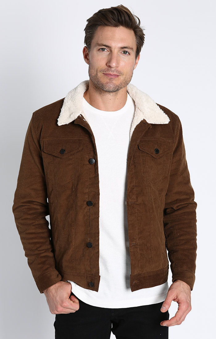 Image of Dark Khaki Stretch Corduroy Sherpa Lined Trucker Jacket