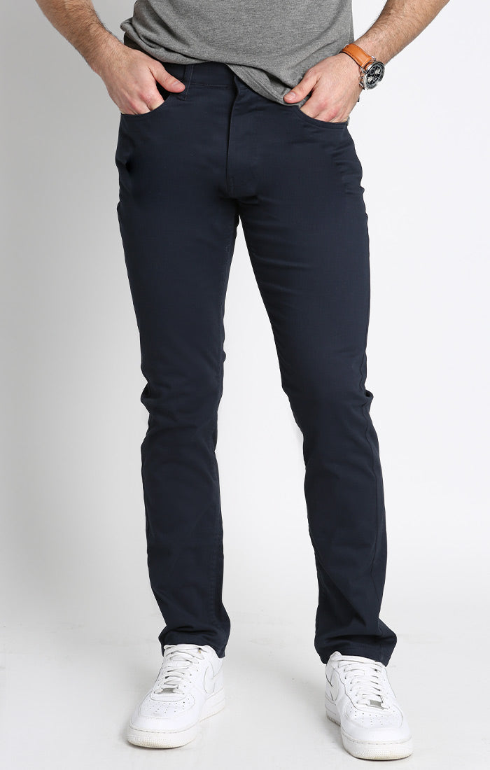 Image of Navy Straight Fit Stretch Sateen 5 Pocket Pant