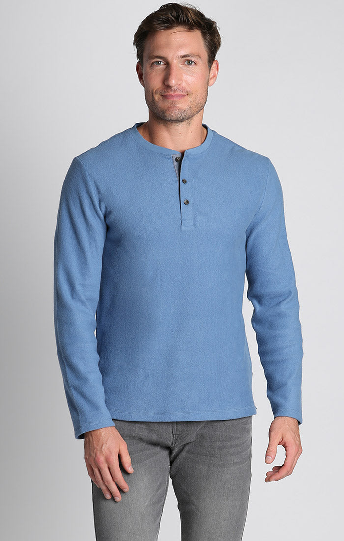 Image of Blue Brushed Waffle Fleece Henley