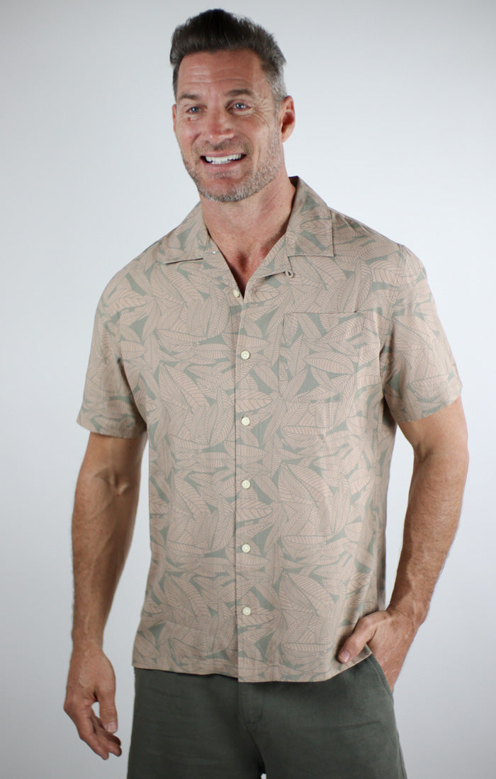 Image of Taupe Leaf Print Rayon Short Sleeve Camp Shirt