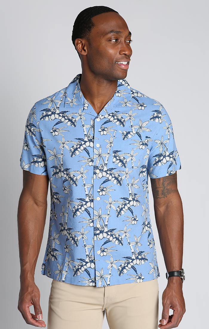 Image of Blue Printed Rayon Short Sleeve Camp Shirt
