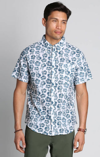 Indigo Leaf Print Seersucker Short Sleeve Shirt – JACHS NY