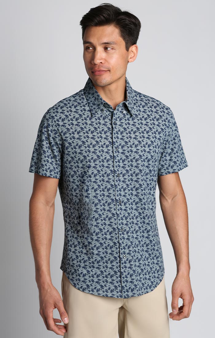 Image of Blue Printed Stretch Knit Oxford Short Sleeve Shirt