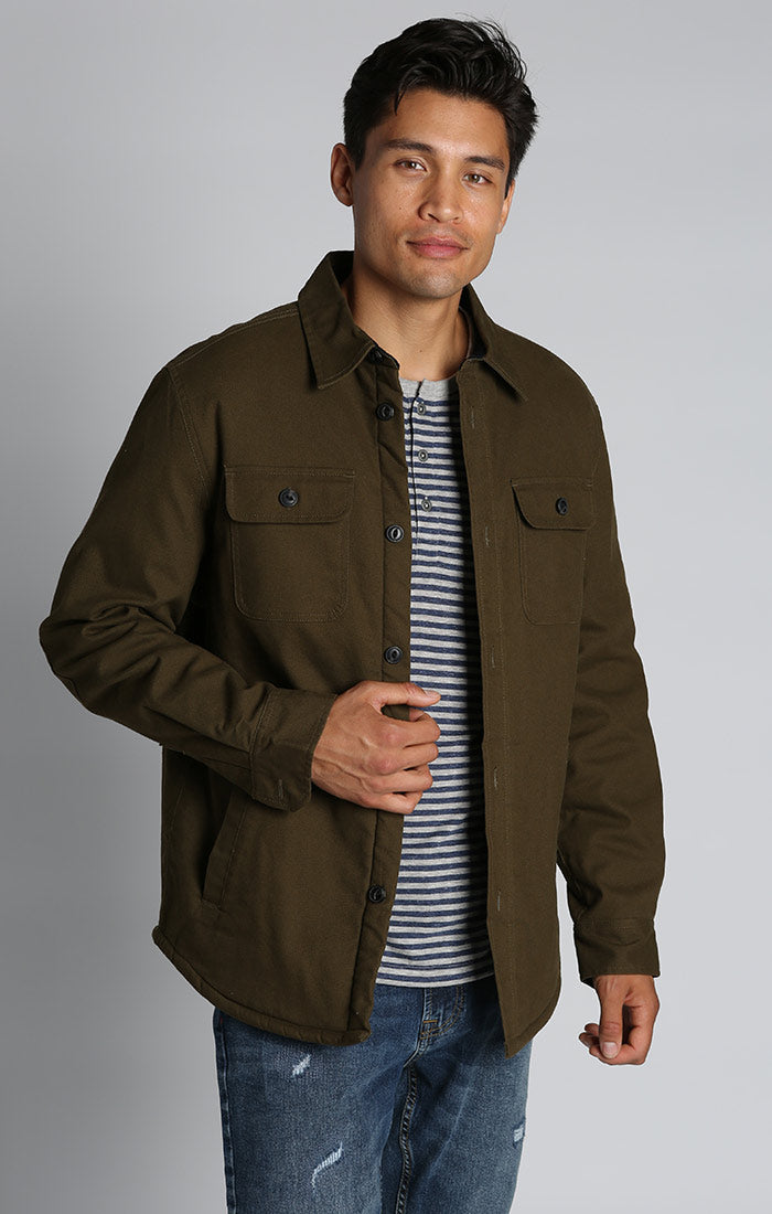 Olive Stretch Sherpa Lined Canvas Shirt Jacket – JACHS NY