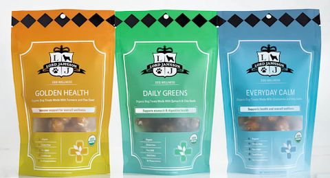 Assorted dog treat packages for health, greens, and calmness | Lord Jameson