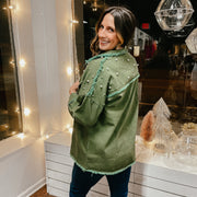 pearl button down shirt jacket - olive