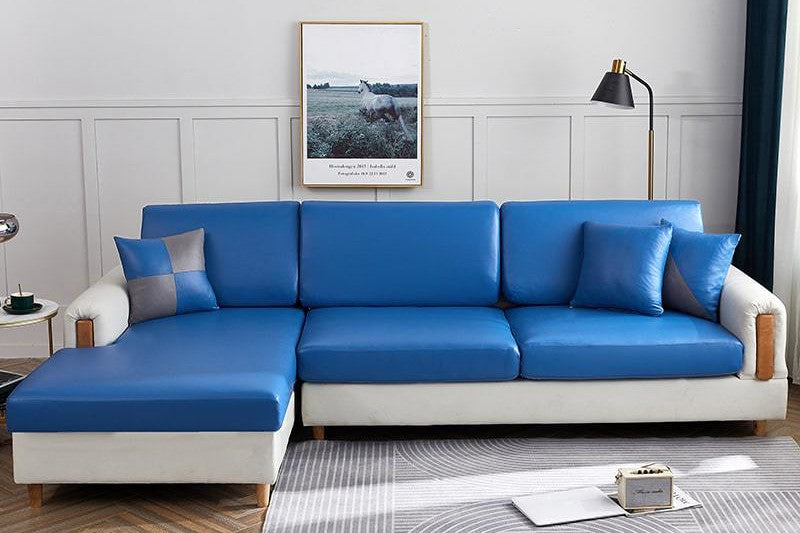 HOUSSE SIMILI CUIR BLEU POUR COUSSIN D'ASSISE DE CANAPÉ