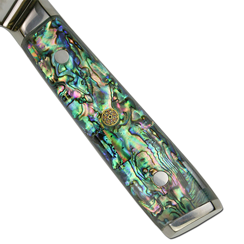 Awabi Kiritsuke Knife - Complete Knife with Abalone in Resin Handles and Mosaic Pin - AUS-10 Damascus Steel