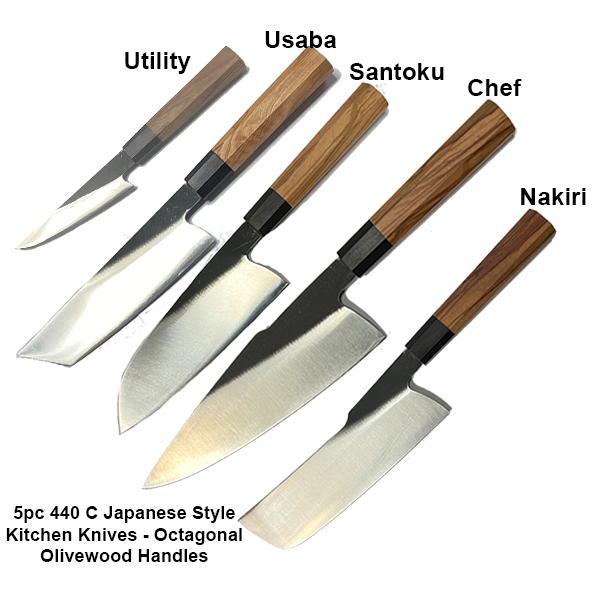 **WokMaster JAPANESE STYLE * KNIFE Set 5 PC - African Blackwood / Olivewood OCTAGONAL HANDLE - 440C S.S. - COMPLETED KNIFECKWOOD & OL