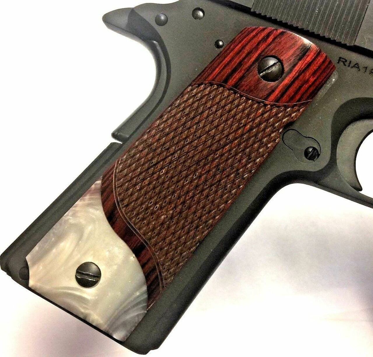 1911 Full Size Checkered Rosewood Grips With Pearl Accent — Woodworld Of Texas 7782