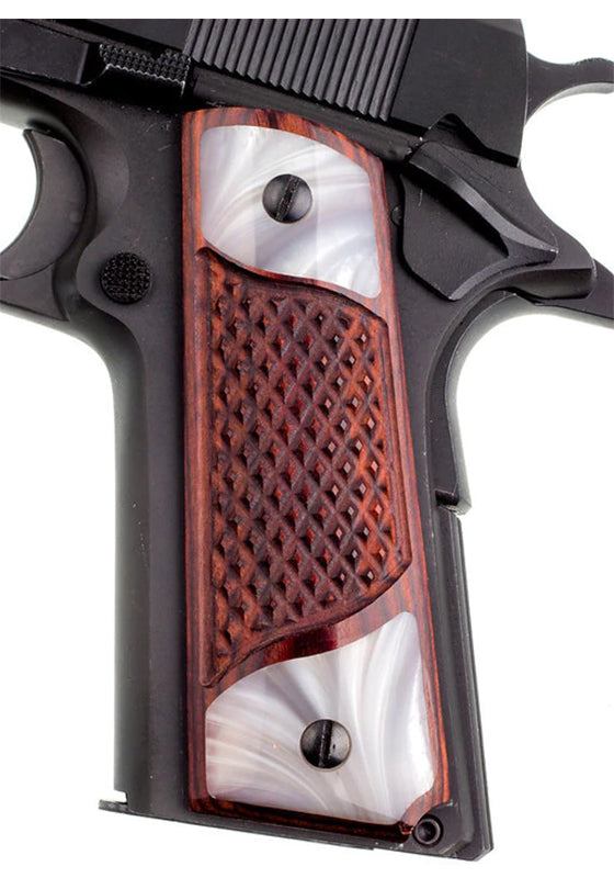 1911 Full Size Checkered Rosewood Grips Pearl Accent - 2