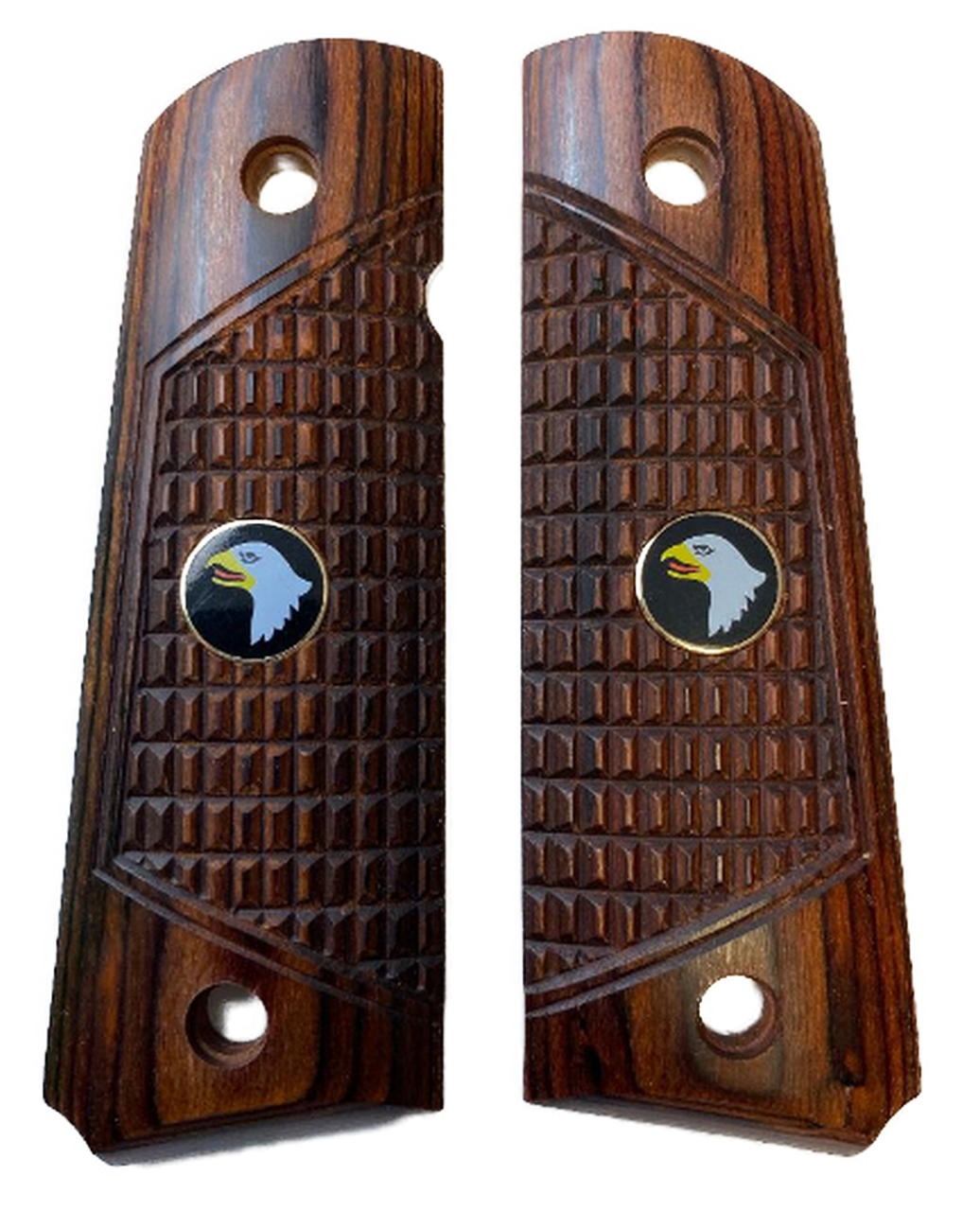 1911 Full Size Checkered Rosewood Combat Grips w/ Screaming Eagle Medallions