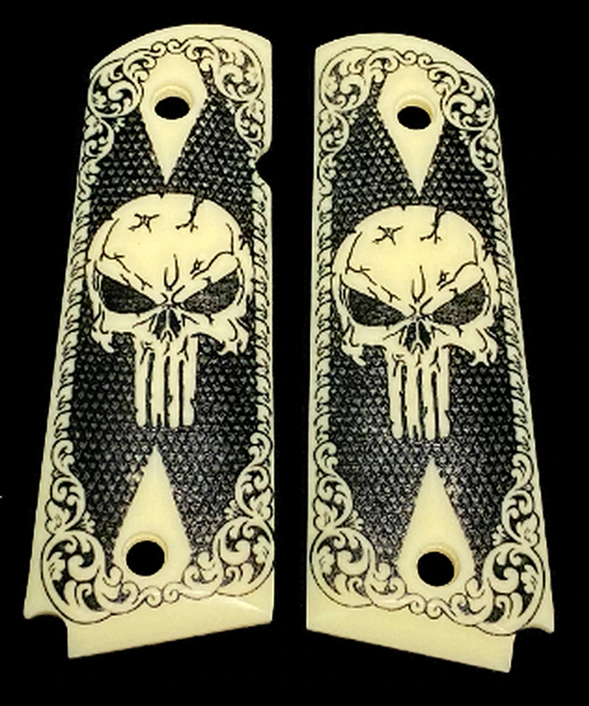 1911 Full Size Acrylic Scrimshaw w/Scroll and Punisher Gun Grips