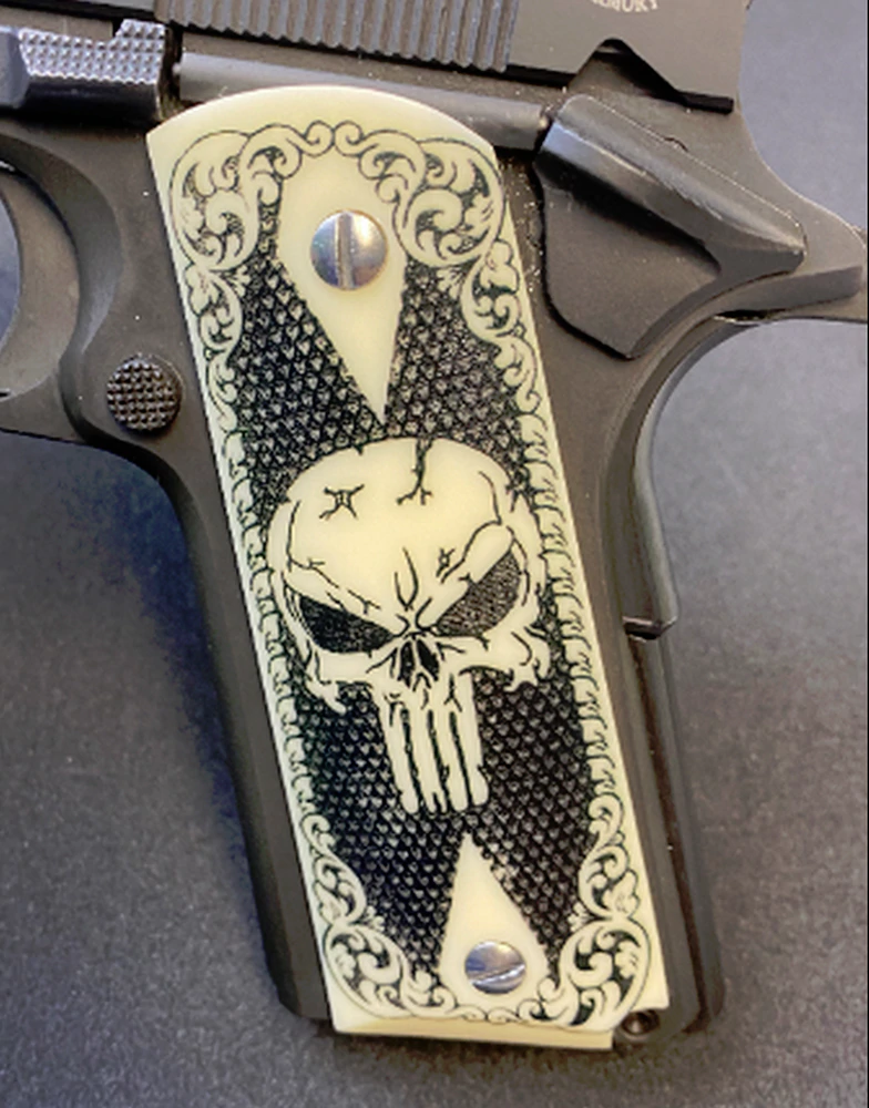 1911 Full Size Acrylic Scrimshaw w/Scroll and Punisher Gun Grips