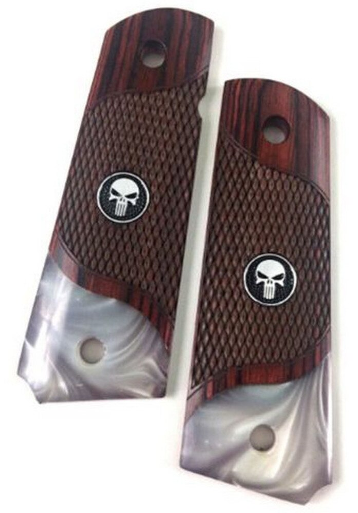 1911 Full Size Checkered Rosewood Grips Pearl Accent w/ Black Punisher Medallions