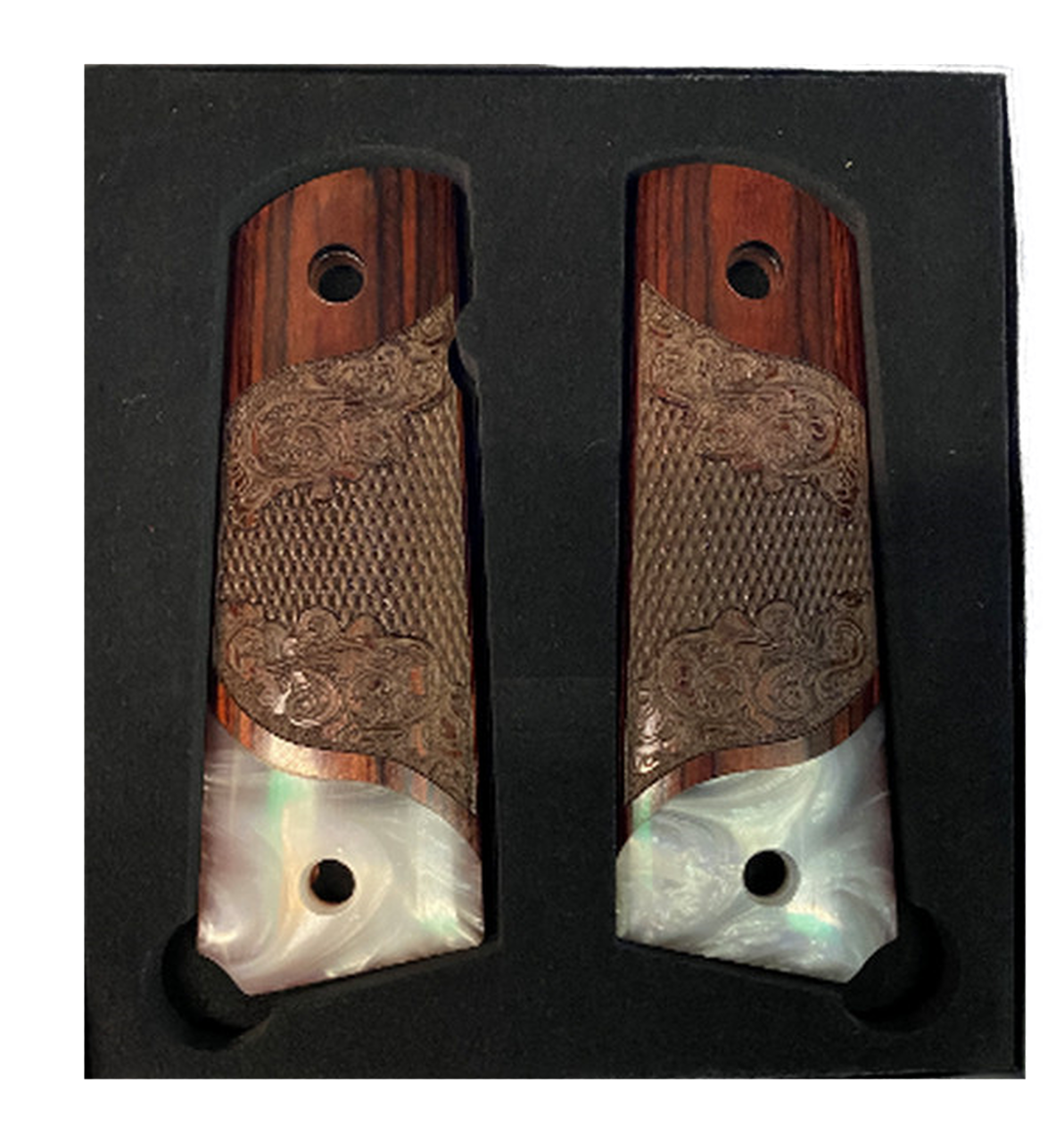 **1911 Full Size Checkered & Engraved Rosewood Grips w/ Acrylic Pearl Accents - 1x