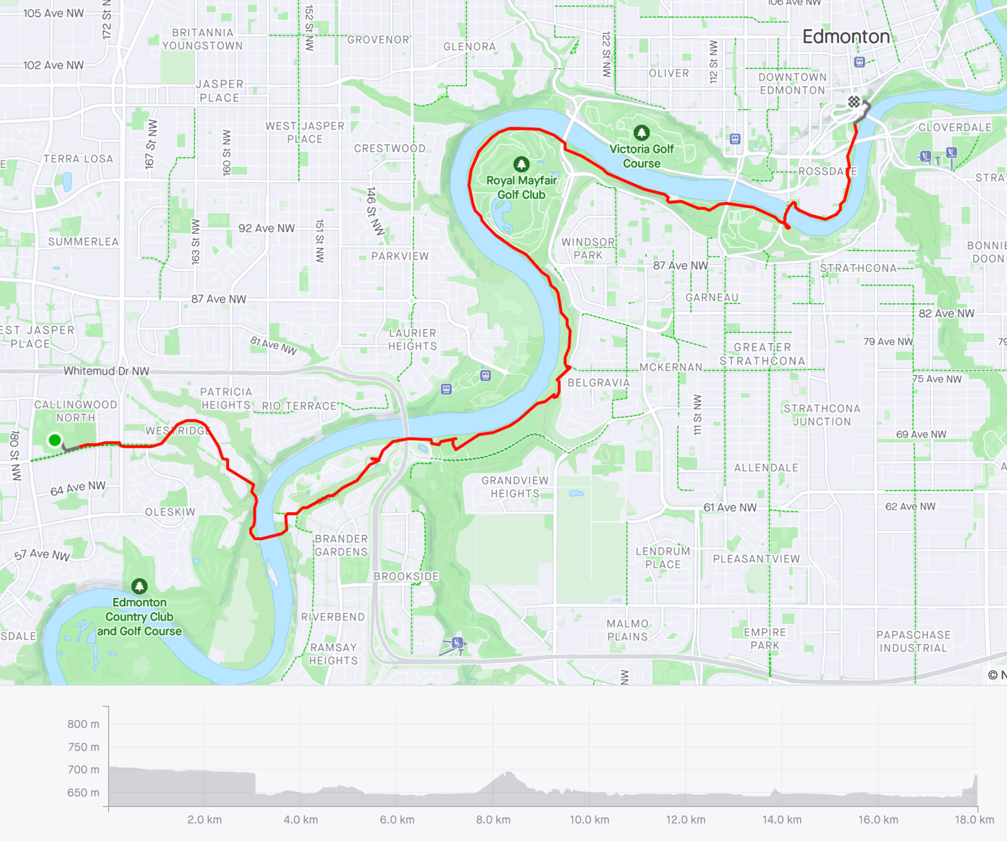 Map of Edmonton with red line showing route through river valley from Collingwood to Downtown.