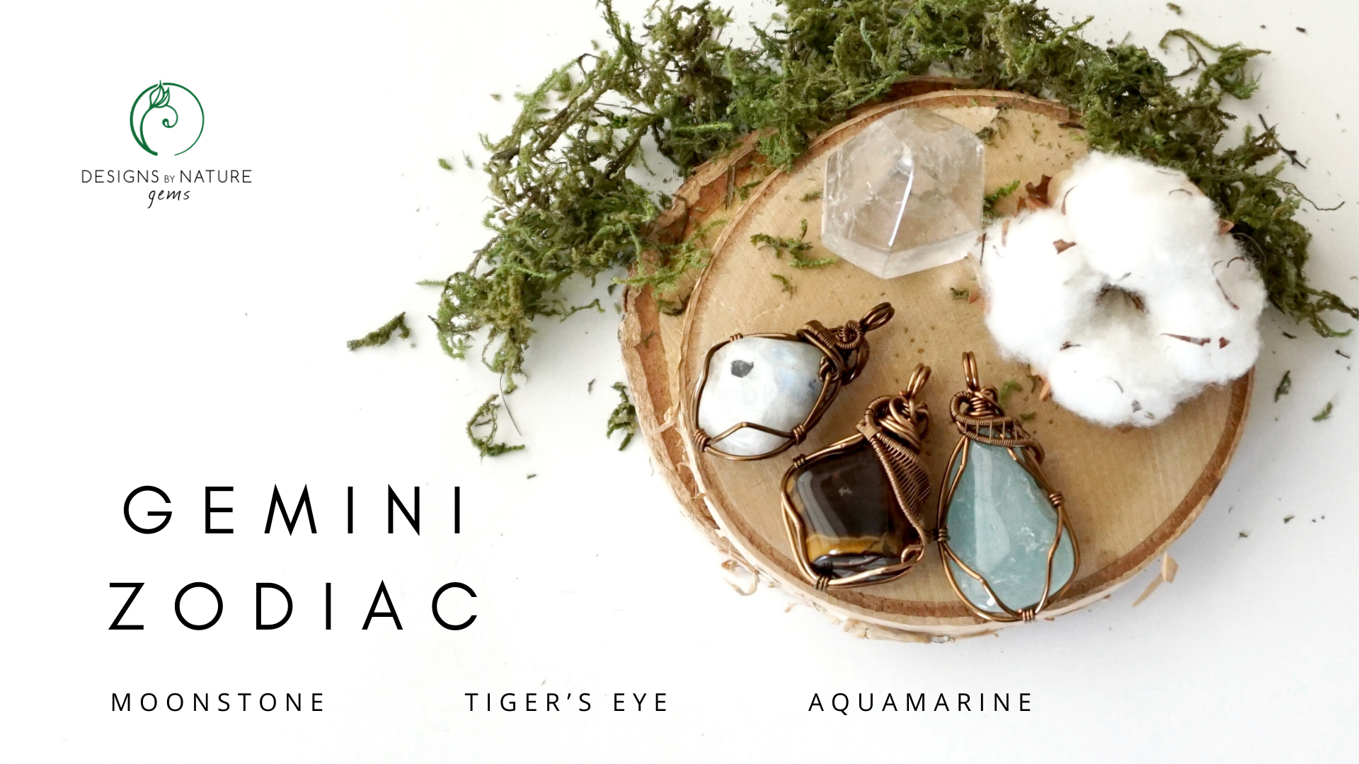 Gemini Zodiac Crystals: Moonstone, Tiger's Eye, Aquamarine