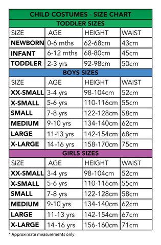 Darth Vader Premium Kids costume size chart