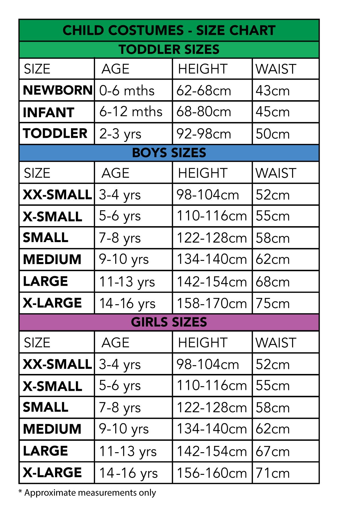 Willy Wonka Child Size Chart