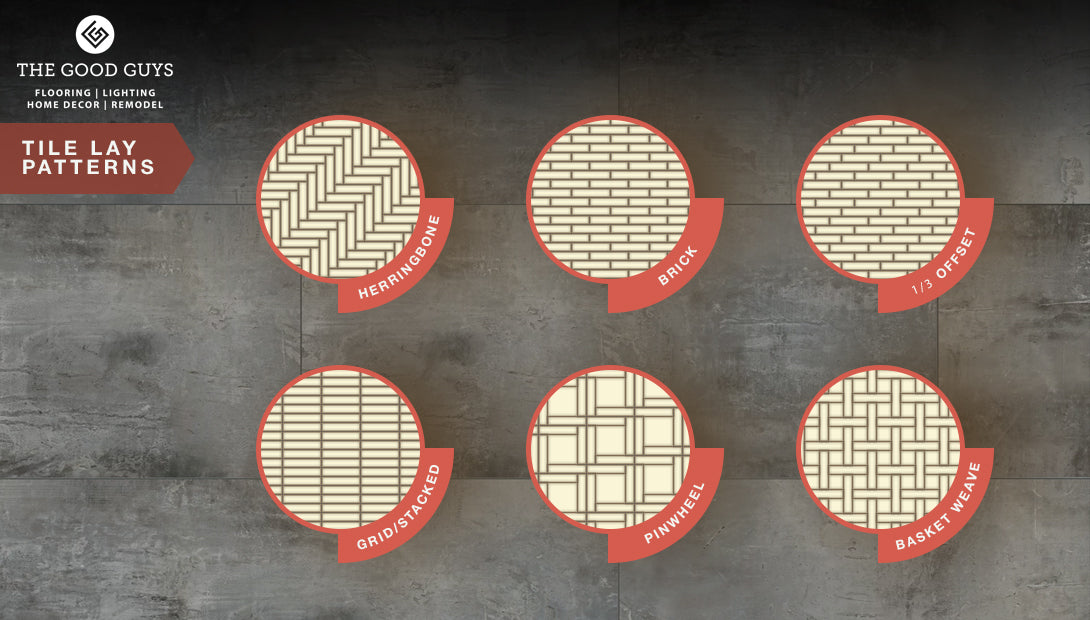 Tile Lay Pattern Options, Herringbone, Brick, Pinwheel, Basketweave Infographic - The Good Guys