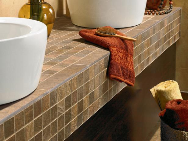 Bathroom stone tile countertop with two vessel sinks
