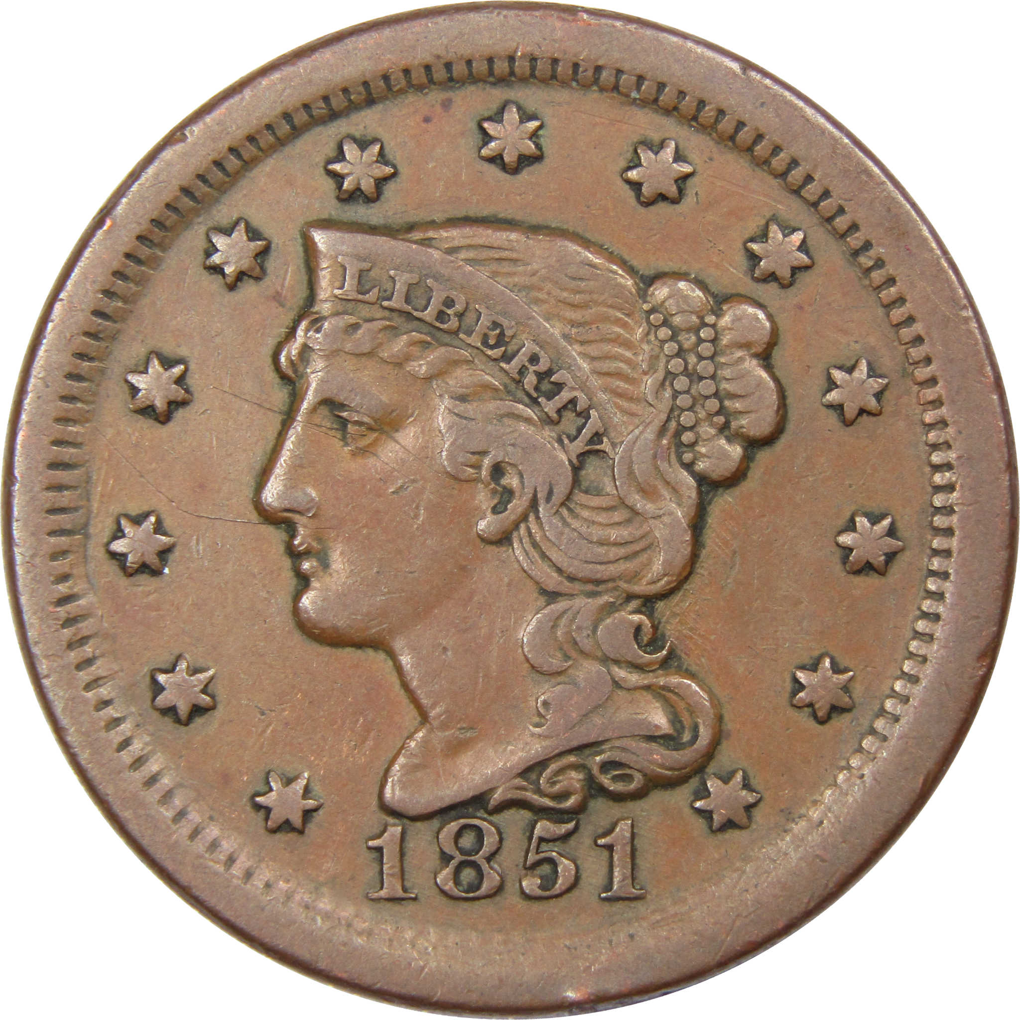 1851 Braided Hair Half Cent AU About Uncirculated Copper SKU:I10944