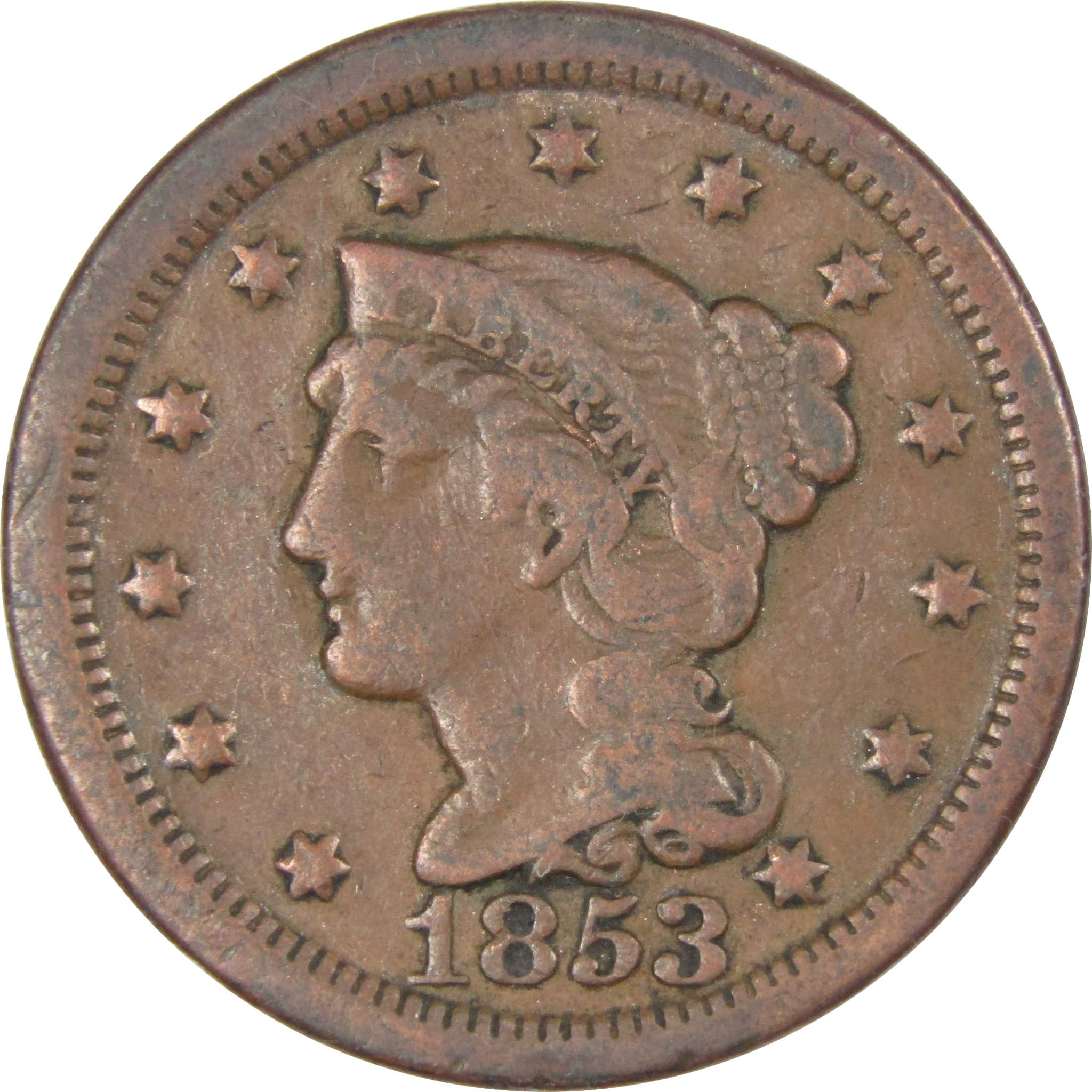 1853 BRAIDED HAIR HALF CENT A VF AMAZING DETAIL! FREE SHIPPING With Five  Items