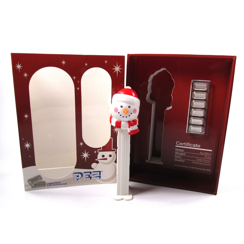 PEZ® Snowman Dispenser and 30 g .9999 Fine Silver Bullion Wafer Gift Set COA
