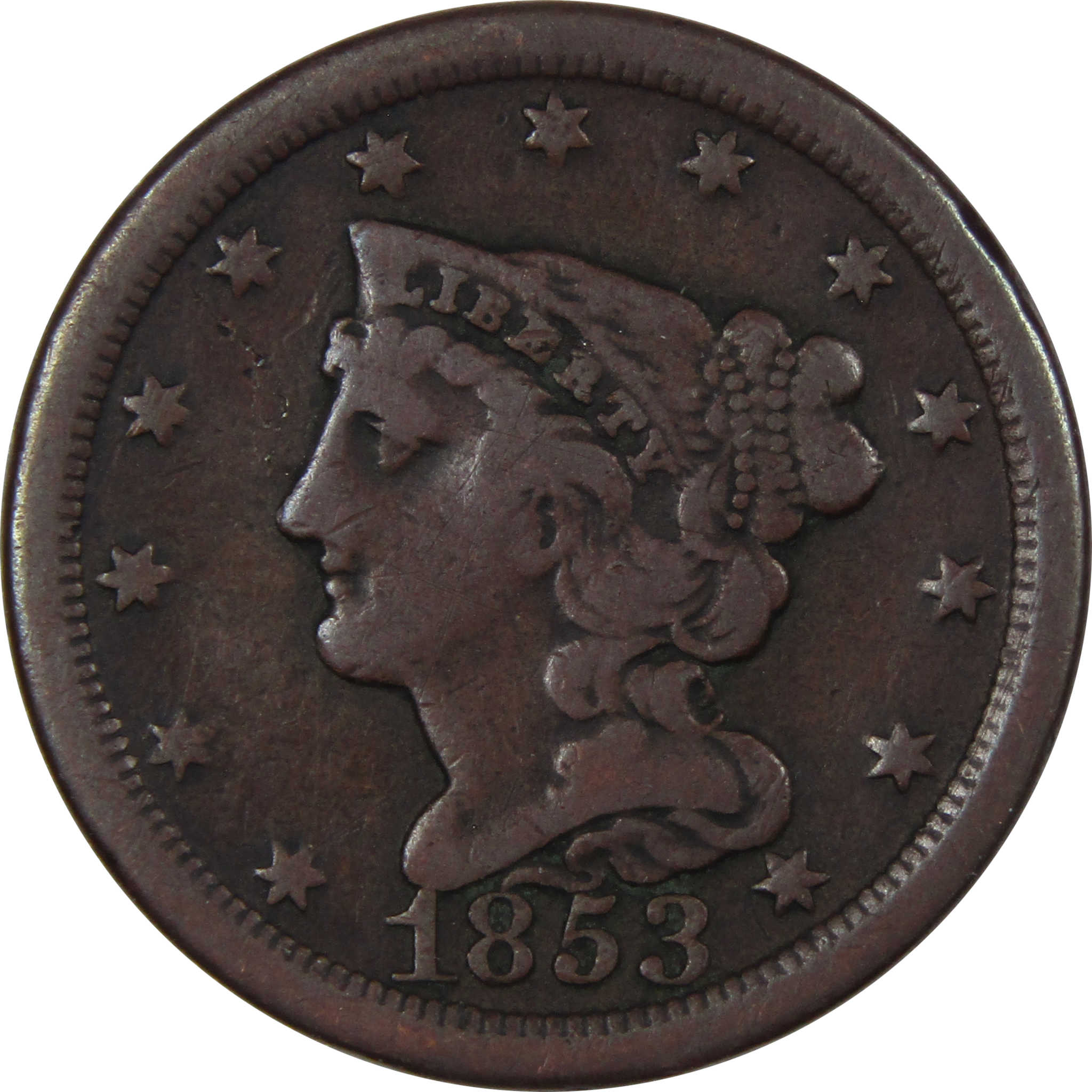 1853 Braided Hair Large Cent F Fine Copper Penny 1c SKU:IPC6584