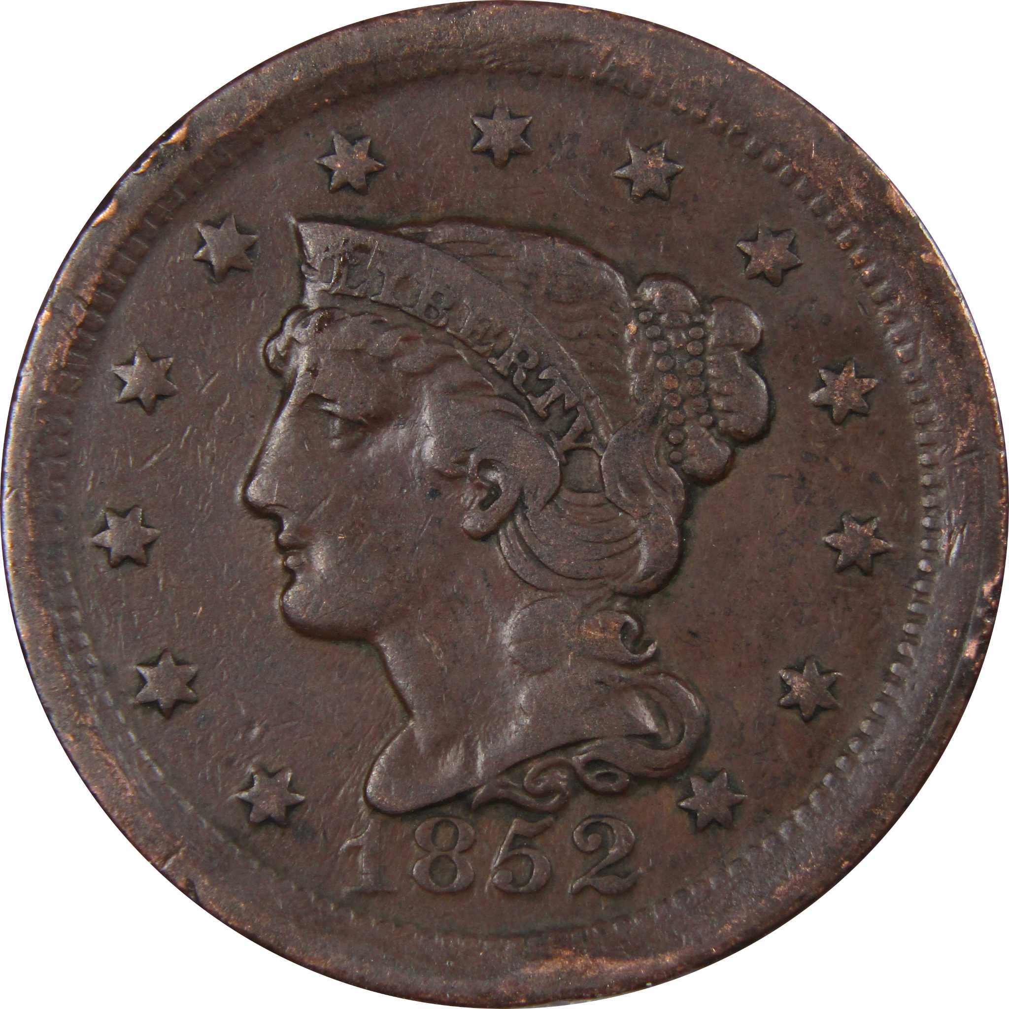 1852 Braided Hair Large Cent F Fine Copper Penny 1c SKU:IPC9076