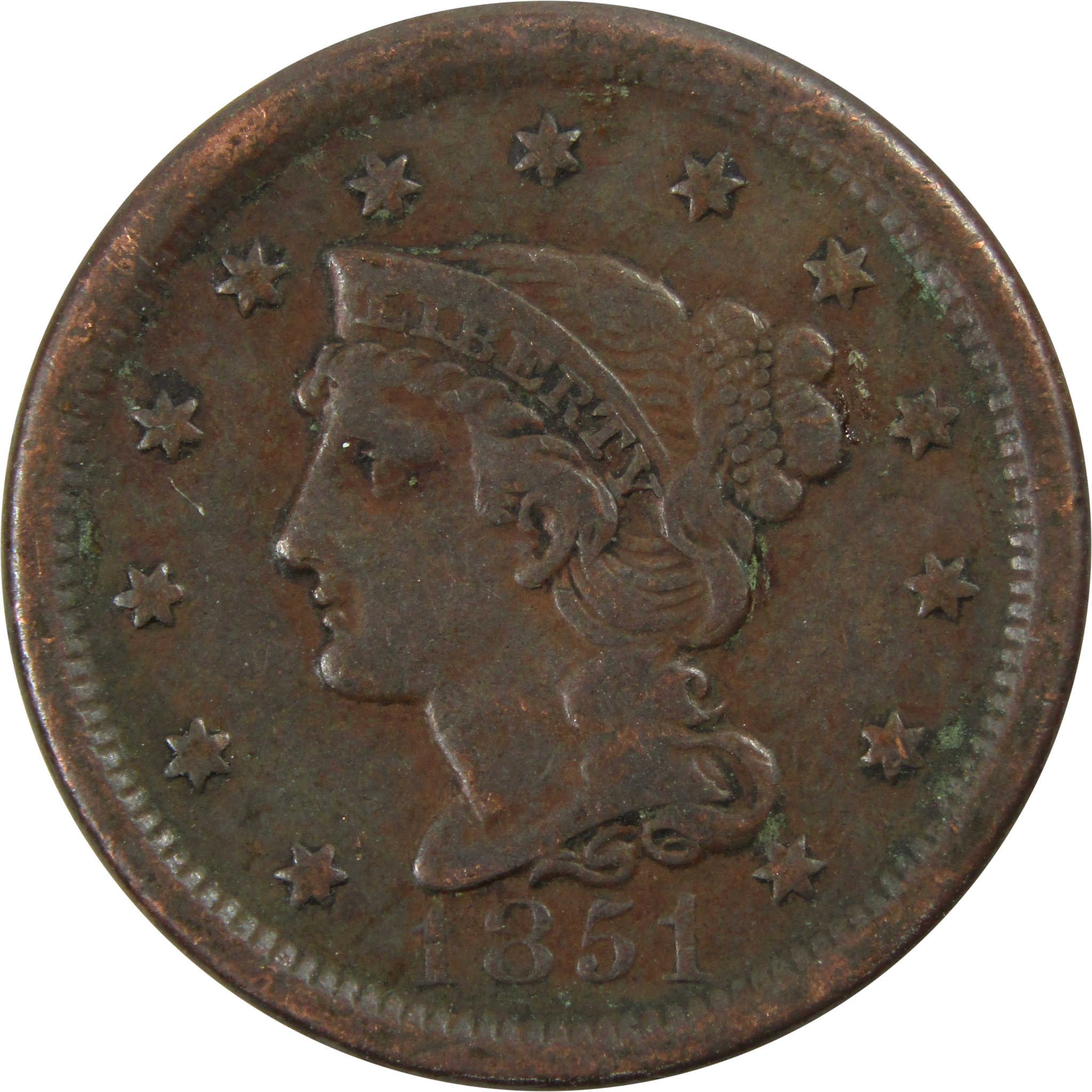 1851 Braided Hair Half Cent. C-1, the only known dies. Rarity-1. AU-55  (PCGS).