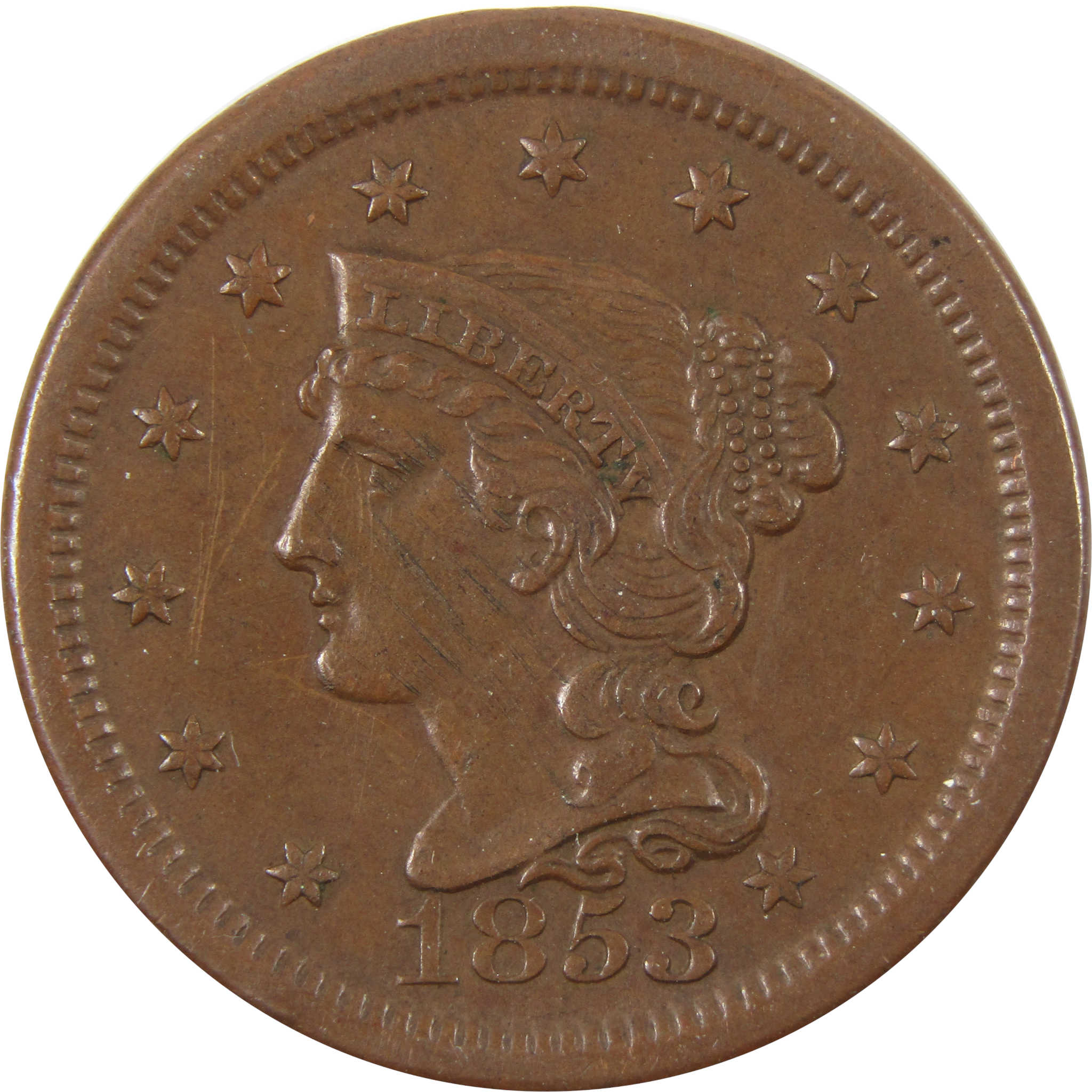 1851 Braided Hair Half Cent. C-1, the only known dies. Rarity-1. EF-40 BN  (NGC).