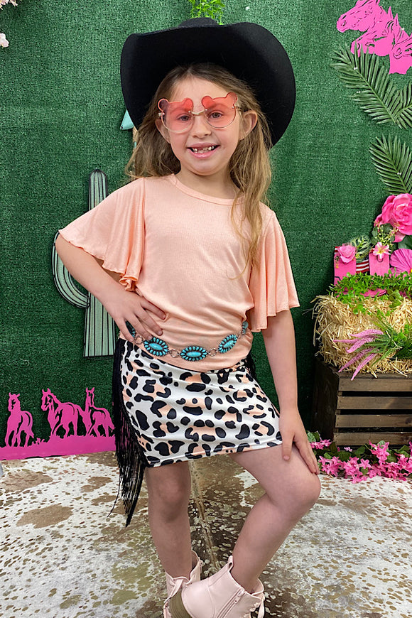 DLH2344 Pink leopard fringe skirt skirt girl set
