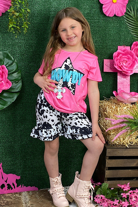 XCH0777-9H HOWDY Cow pink star printed girl short set
