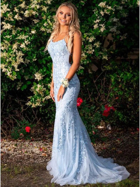 Lace Light Blue Prom Dresses 2023