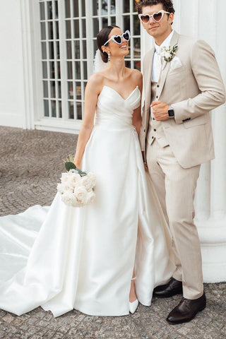 A-Line White Wedding Dresses Satin Strapless