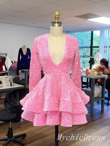 Pink Long Sleeve Sequin Homecoming Dresses A Line