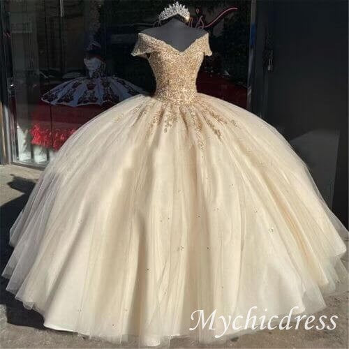 Off The Shoulder Gold Lace Quinceanera Dresses