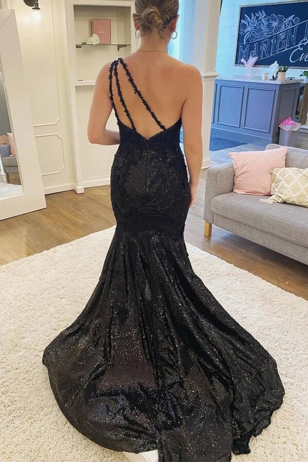 Black Lace Sequins One Shoulder Evening Gown Mermaid Long Formal Dress ...