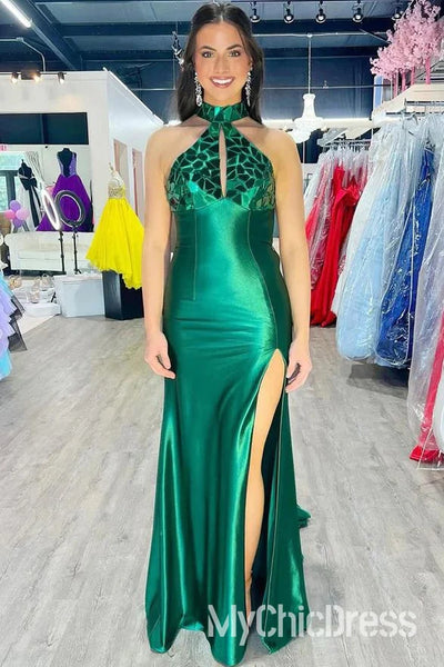 Cheap High Neck Green Prom Dress Sequins